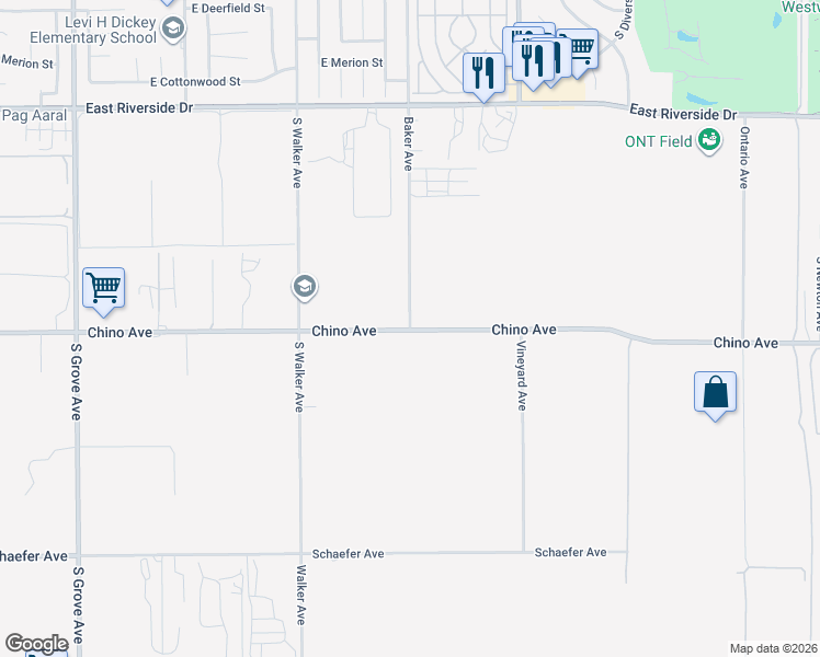 map of restaurants, bars, coffee shops, grocery stores, and more near 13299 Baker Avenue in Ontario