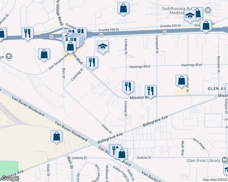 map of restaurants, bars, coffee shops, grocery stores, and more near 9855 Mission Boulevard in Riverside