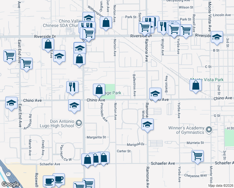 map of restaurants, bars, coffee shops, grocery stores, and more near 13271 Norton Avenue in Chino