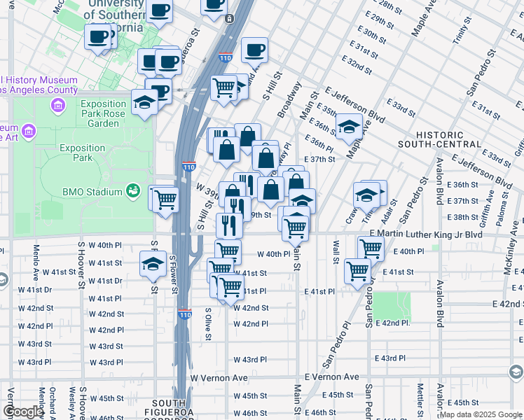 map of restaurants, bars, coffee shops, grocery stores, and more near 3838 Broadway Place in Los Angeles