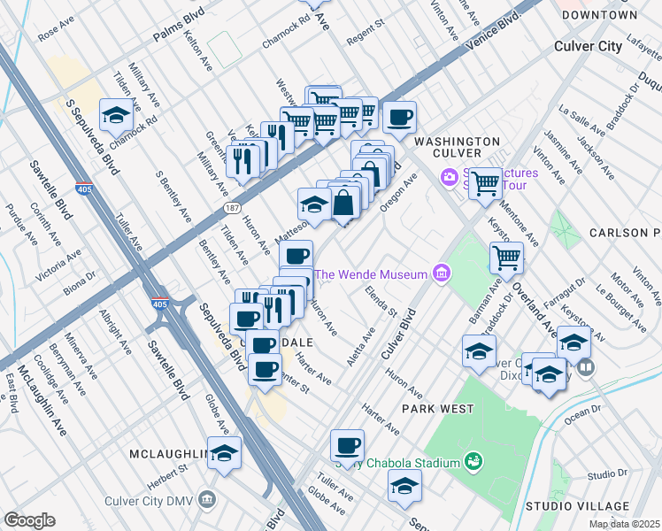 map of restaurants, bars, coffee shops, grocery stores, and more near 10950 Washington Boulevard in Culver City
