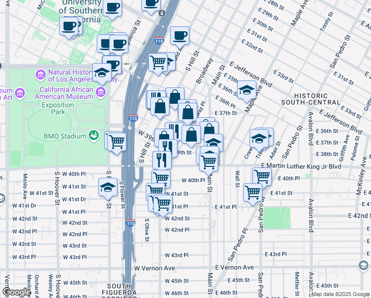 map of restaurants, bars, coffee shops, grocery stores, and more near 3838 Broadway Place in Los Angeles