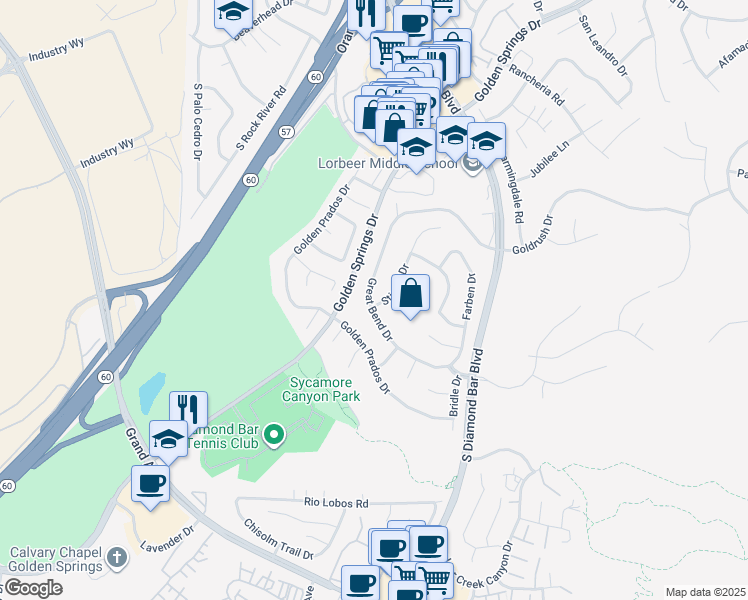 map of restaurants, bars, coffee shops, grocery stores, and more near 23303 Stirrup Drive in Diamond Bar