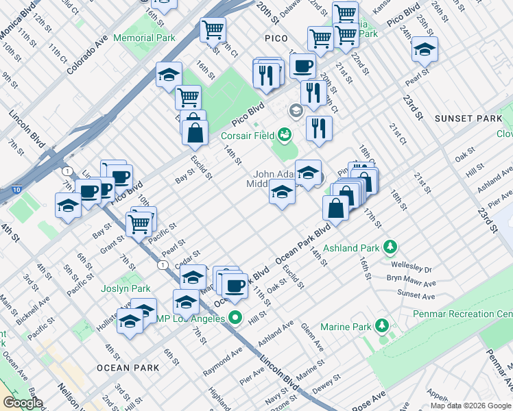 map of restaurants, bars, coffee shops, grocery stores, and more near 1345 Cedar Street in Santa Monica