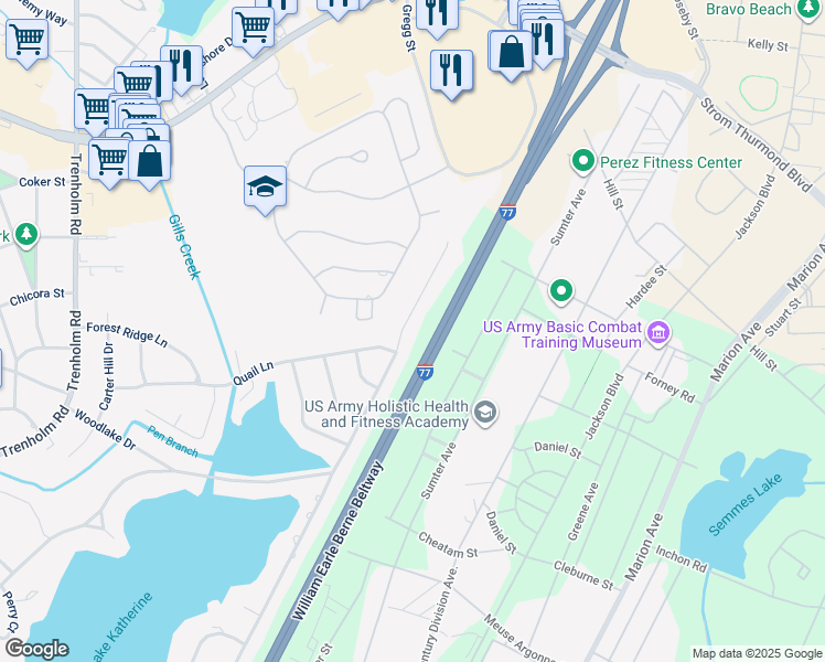 map of restaurants, bars, coffee shops, grocery stores, and more near 2058 Shady Lane in Columbia