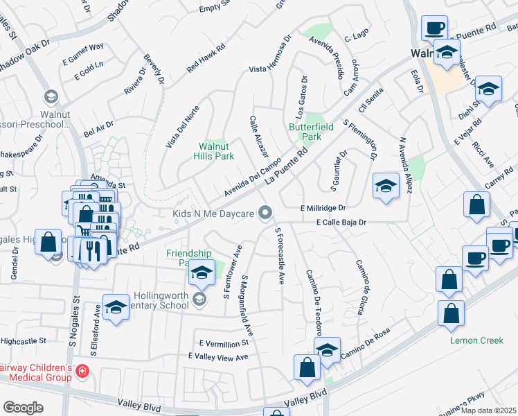 map of restaurants, bars, coffee shops, grocery stores, and more near 3221 East Levelglen Drive in West Covina