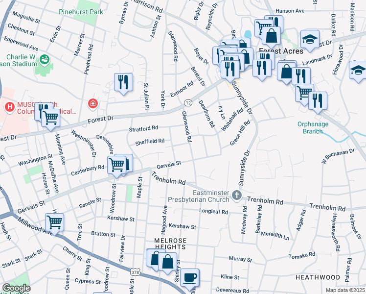 map of restaurants, bars, coffee shops, grocery stores, and more near 2918 Delano Drive in Columbia