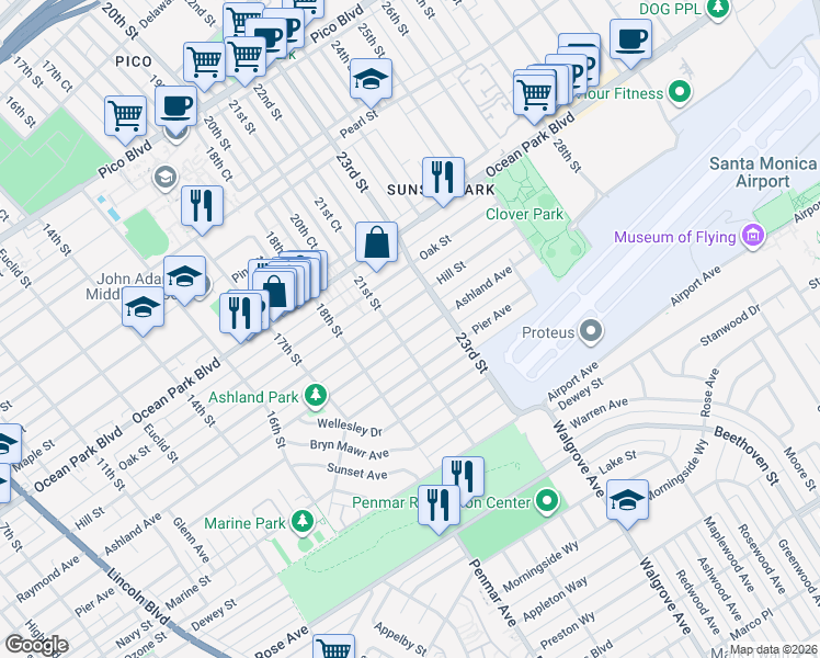 map of restaurants, bars, coffee shops, grocery stores, and more near 2125 Ashland Avenue in Santa Monica