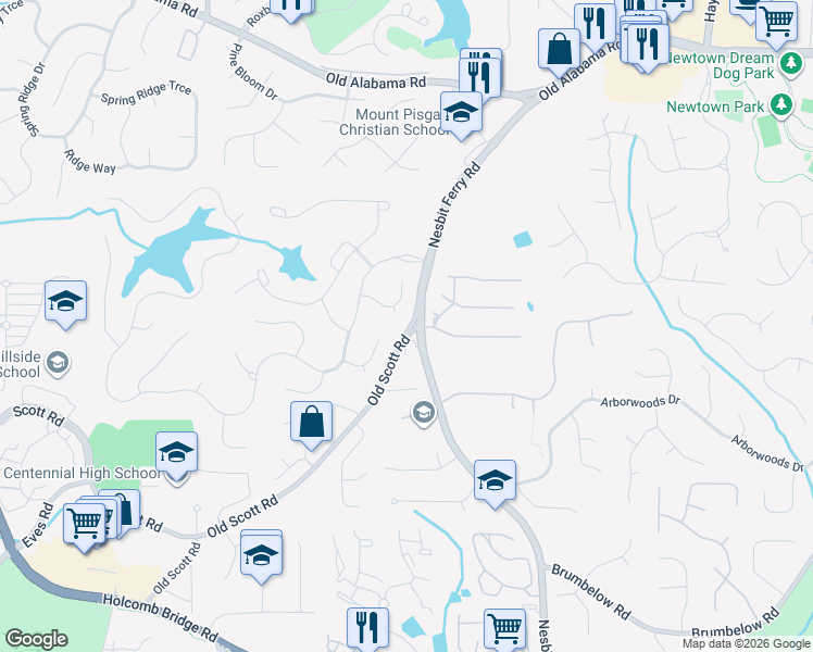 map of restaurants, bars, coffee shops, grocery stores, and more near 320 Ashley Crest Court in Alpharetta