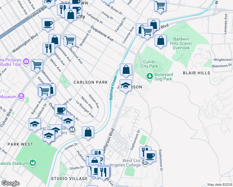 map of restaurants, bars, coffee shops, grocery stores, and more near 10113 Pearson Street in Culver City