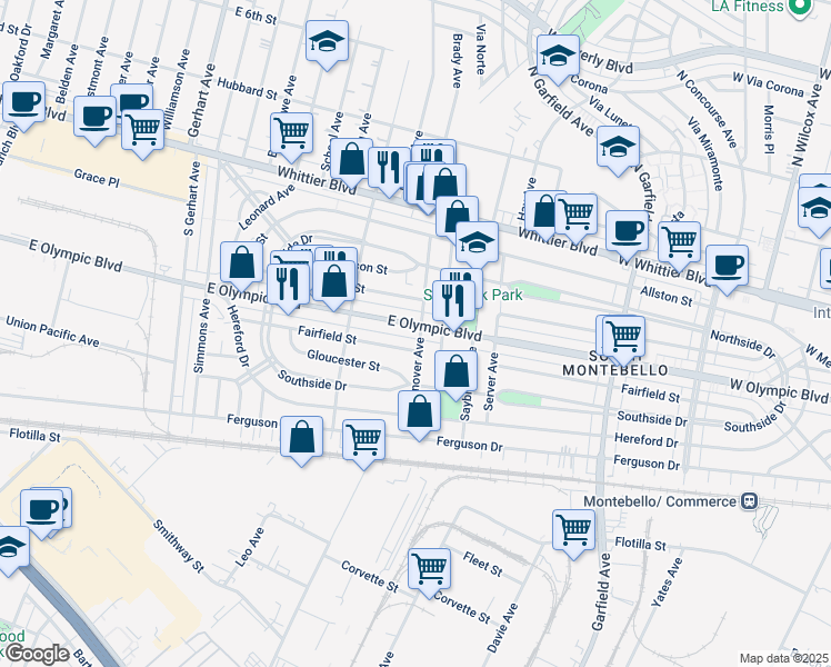 map of restaurants, bars, coffee shops, grocery stores, and more near 1201 Hanover Avenue in East Los Angeles