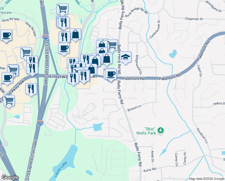 map of restaurants, bars, coffee shops, grocery stores, and more near 2543 Bells Ferry Road in Marietta