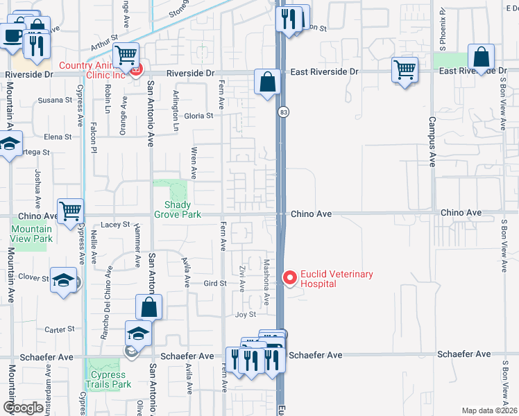 map of restaurants, bars, coffee shops, grocery stores, and more near 6993 Vining Street in Chino