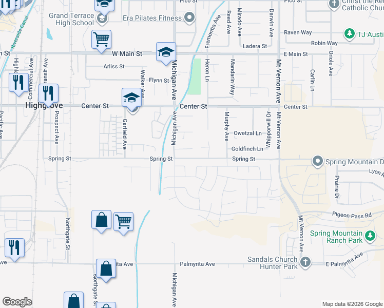 map of restaurants, bars, coffee shops, grocery stores, and more near 438 Tanner Circle in Riverside