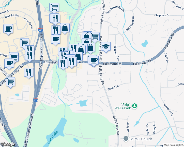 map of restaurants, bars, coffee shops, grocery stores, and more near 21 Highoak Drive in Marietta