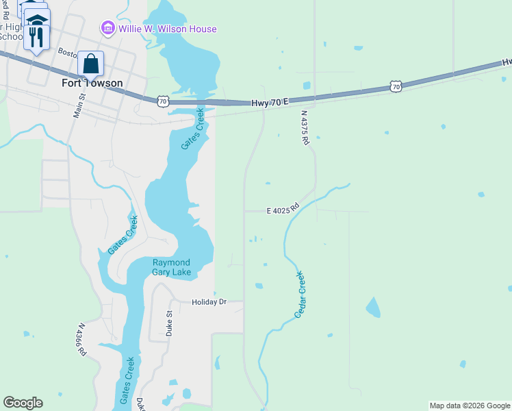 map of restaurants, bars, coffee shops, grocery stores, and more near 1002 Oklahoma 209 in Fort Towson
