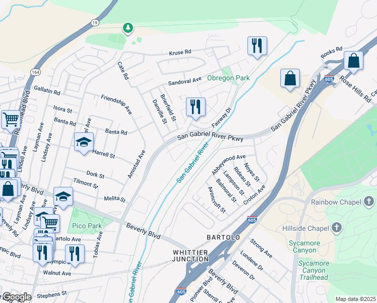 map of restaurants, bars, coffee shops, grocery stores, and more near 3930 Miguel Avenue in Pico Rivera