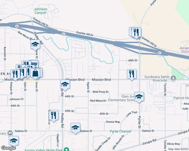 map of restaurants, bars, coffee shops, grocery stores, and more near 8551 Mission Boulevard in Riverside