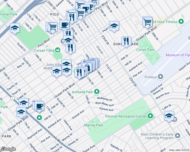 map of restaurants, bars, coffee shops, grocery stores, and more near 1729 Oak Street in Santa Monica