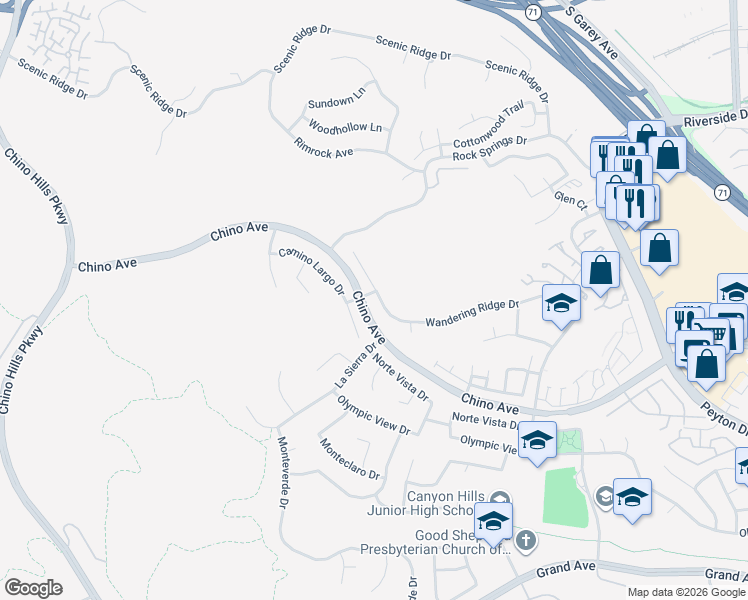 map of restaurants, bars, coffee shops, grocery stores, and more near 2253 Wandering Ridge Drive in Chino Hills
