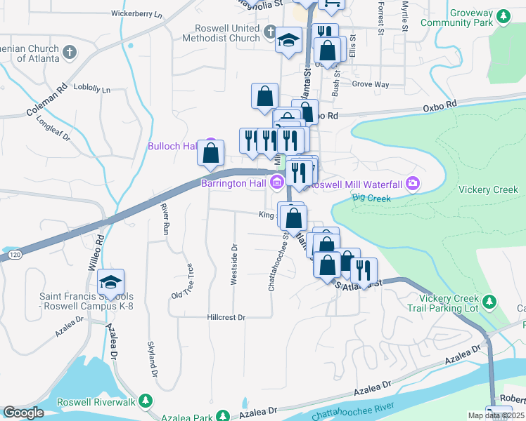 map of restaurants, bars, coffee shops, grocery stores, and more near 504 Barrington Drive in Roswell
