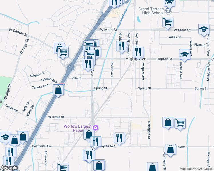 map of restaurants, bars, coffee shops, grocery stores, and more near 1183 Spring Street in Riverside
