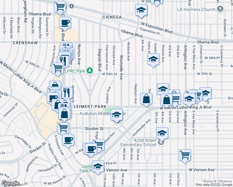 map of restaurants, bars, coffee shops, grocery stores, and more near 3976 Olmsted Avenue in Los Angeles