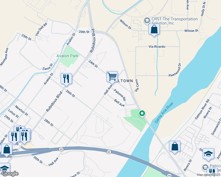 map of restaurants, bars, coffee shops, grocery stores, and more near 2448 Hall Avenue in Riverside