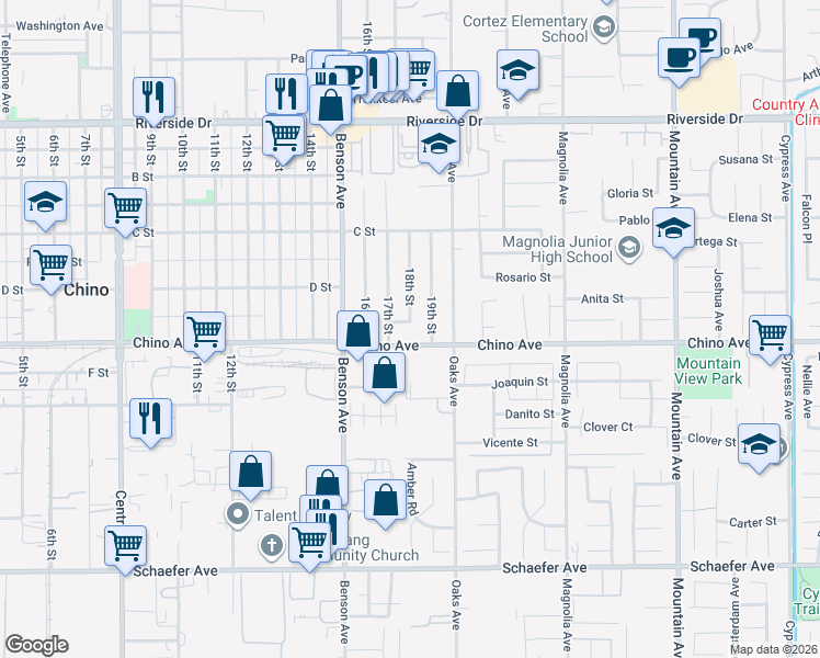 map of restaurants, bars, coffee shops, grocery stores, and more near 13267 18th Street in Chino