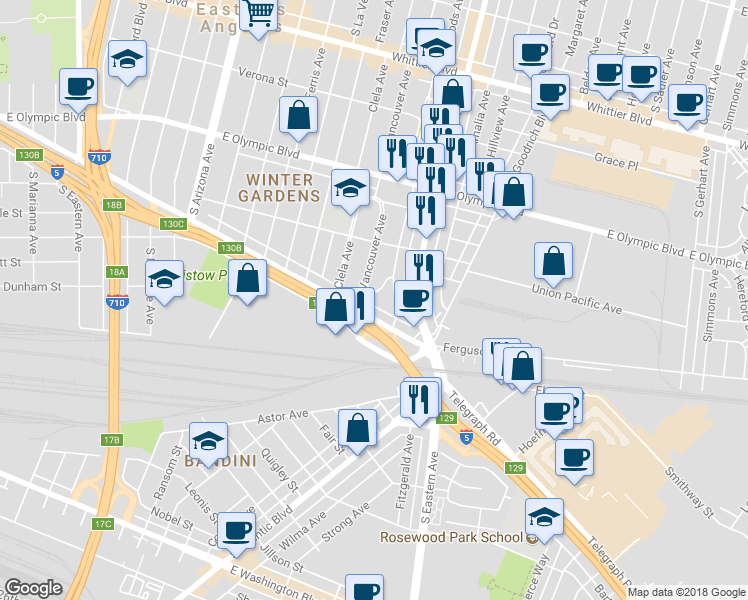 map of restaurants, bars, coffee shops, grocery stores, and more near 1428 South Woods Place in East Los Angeles