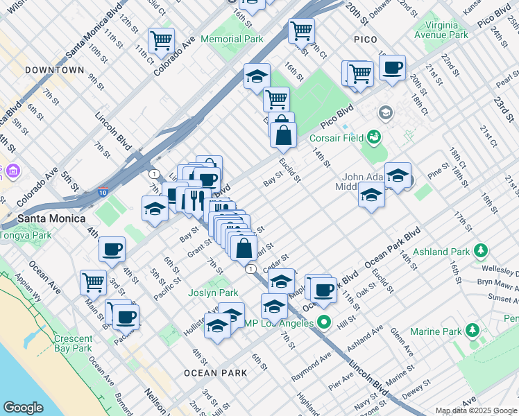 map of restaurants, bars, coffee shops, grocery stores, and more near Grant Street in Santa Monica