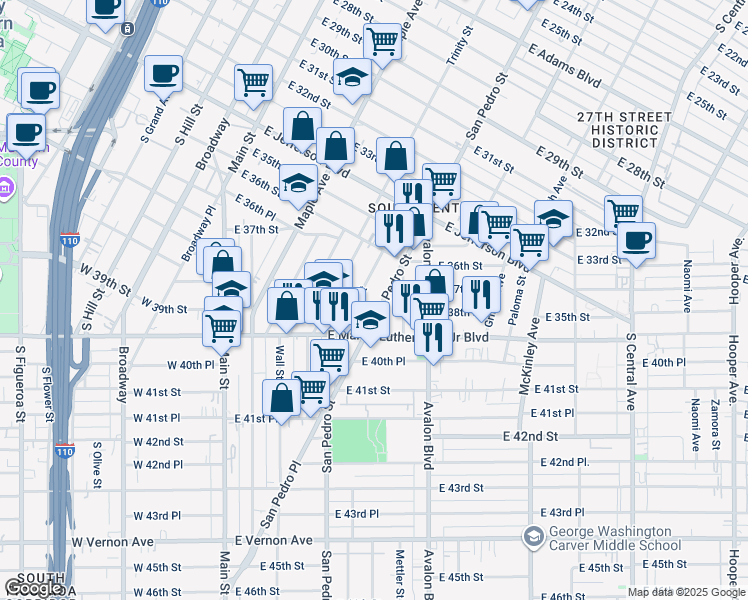 map of restaurants, bars, coffee shops, grocery stores, and more near 3707 San Pedro Street in Los Angeles