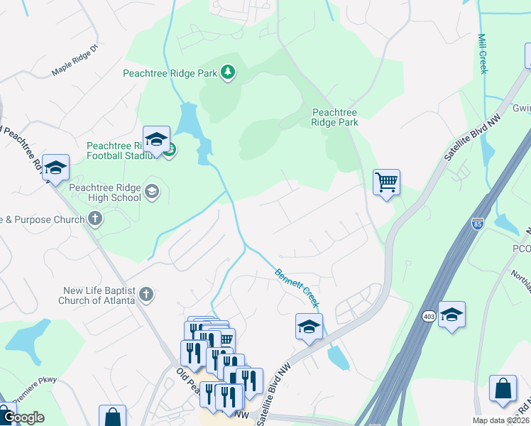 map of restaurants, bars, coffee shops, grocery stores, and more near 1268 Baynes Point Drive in Suwanee