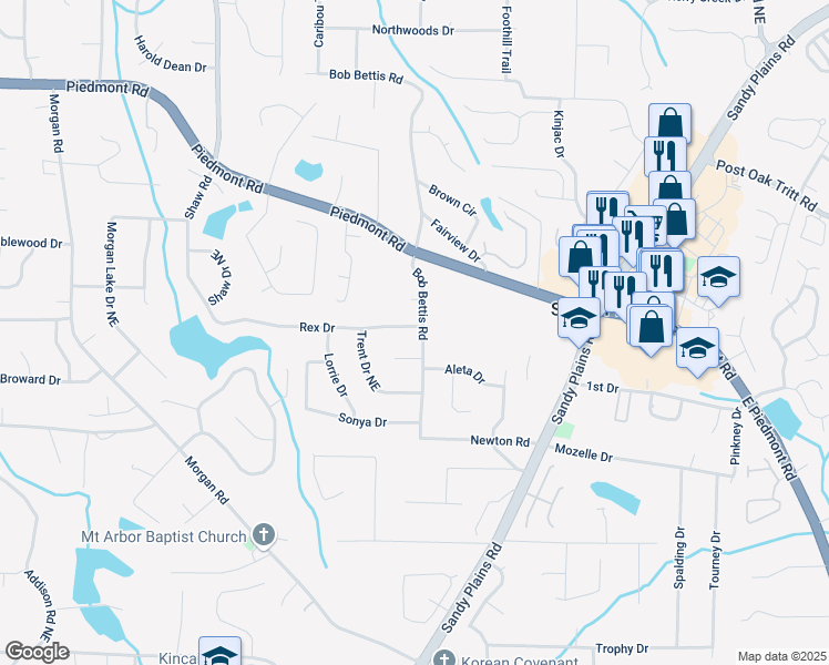 map of restaurants, bars, coffee shops, grocery stores, and more near 1660 Rex Drive in Marietta