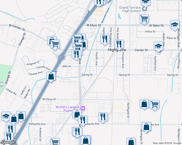 map of restaurants, bars, coffee shops, grocery stores, and more near 1183 Spring Street in Riverside