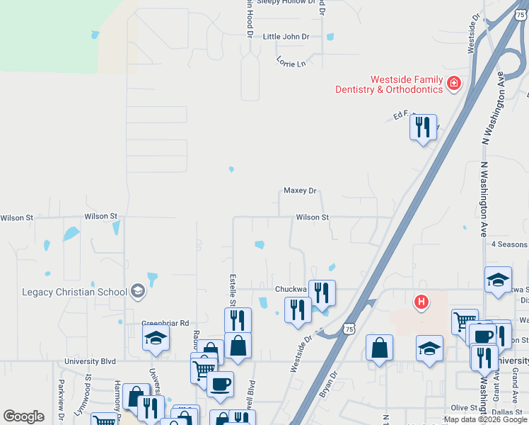 map of restaurants, bars, coffee shops, grocery stores, and more near 2708 Wilson Street in Durant