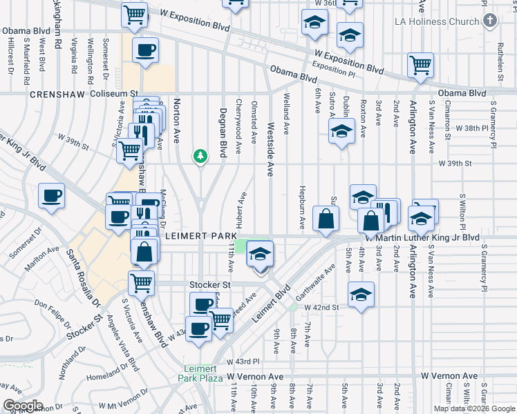 map of restaurants, bars, coffee shops, grocery stores, and more near 3976 Olmsted Avenue in Los Angeles