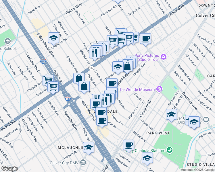 map of restaurants, bars, coffee shops, grocery stores, and more near 3924 Huron Avenue in Culver City