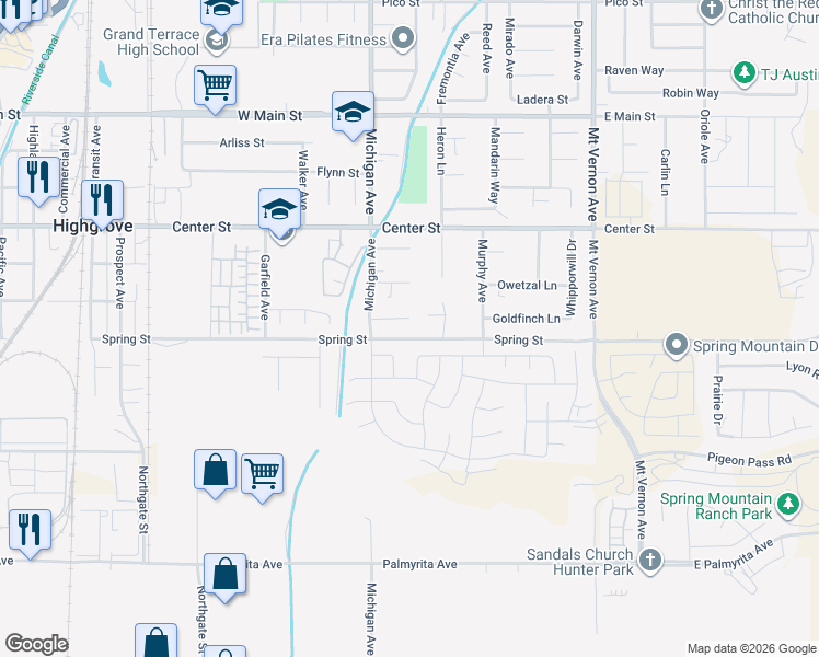 map of restaurants, bars, coffee shops, grocery stores, and more near 438 Tanner Circle in Riverside