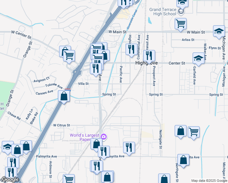 map of restaurants, bars, coffee shops, grocery stores, and more near 1183 Spring Street in Riverside