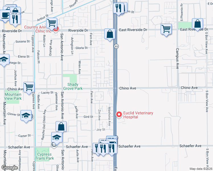 map of restaurants, bars, coffee shops, grocery stores, and more near 6993 Vining Street in Chino