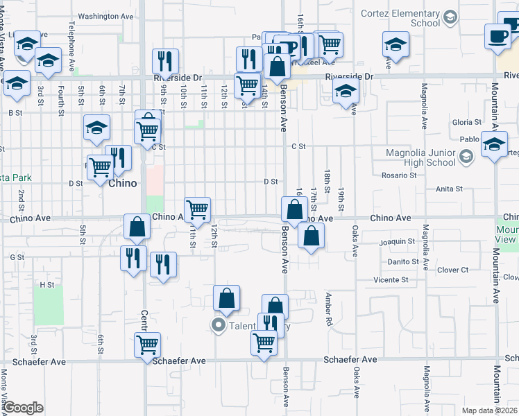 map of restaurants, bars, coffee shops, grocery stores, and more near 13265 13th Street in Chino