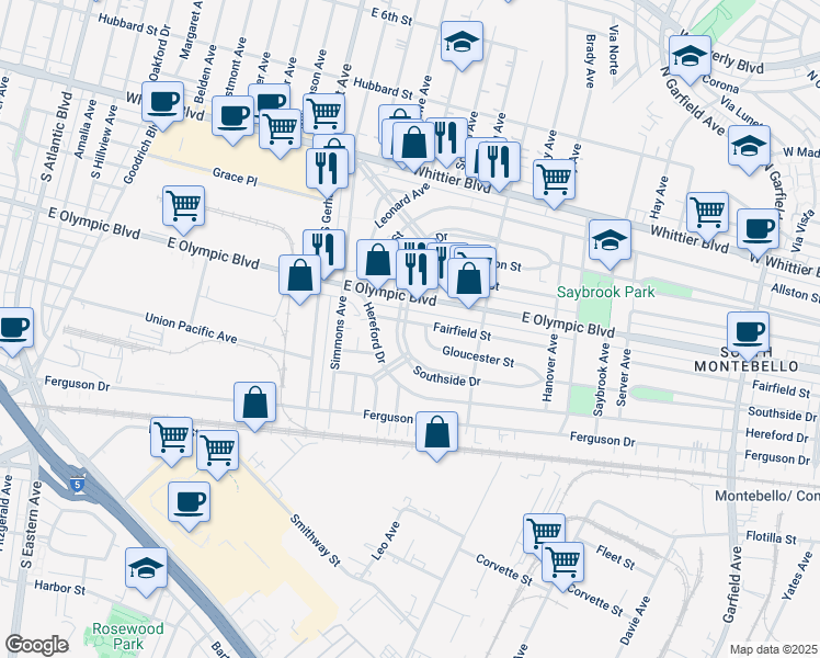 map of restaurants, bars, coffee shops, grocery stores, and more near 5930 Fairfield Street in East Los Angeles