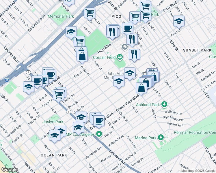map of restaurants, bars, coffee shops, grocery stores, and more near 1345 Cedar Street in Santa Monica