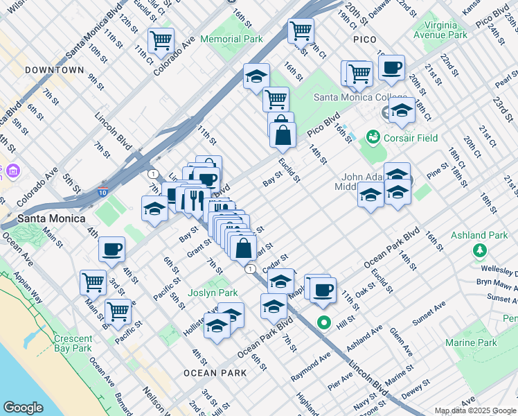 map of restaurants, bars, coffee shops, grocery stores, and more near 1027 Grant Street in Santa Monica
