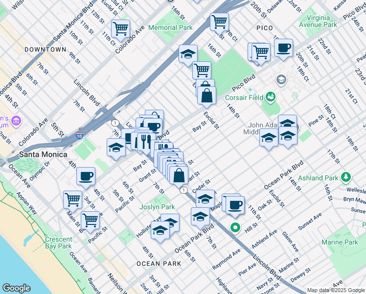 map of restaurants, bars, coffee shops, grocery stores, and more near 1027 Grant Street in Santa Monica