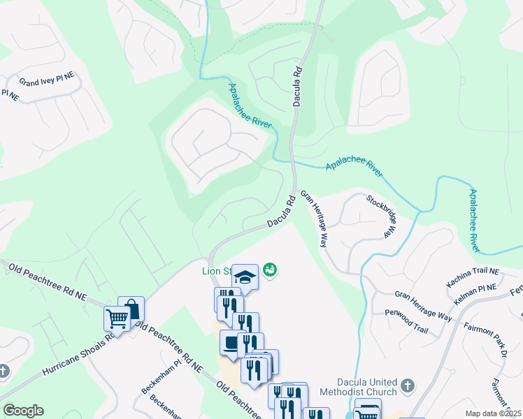 map of restaurants, bars, coffee shops, grocery stores, and more near 2575 Wild Iris Lane Northeast in Dacula
