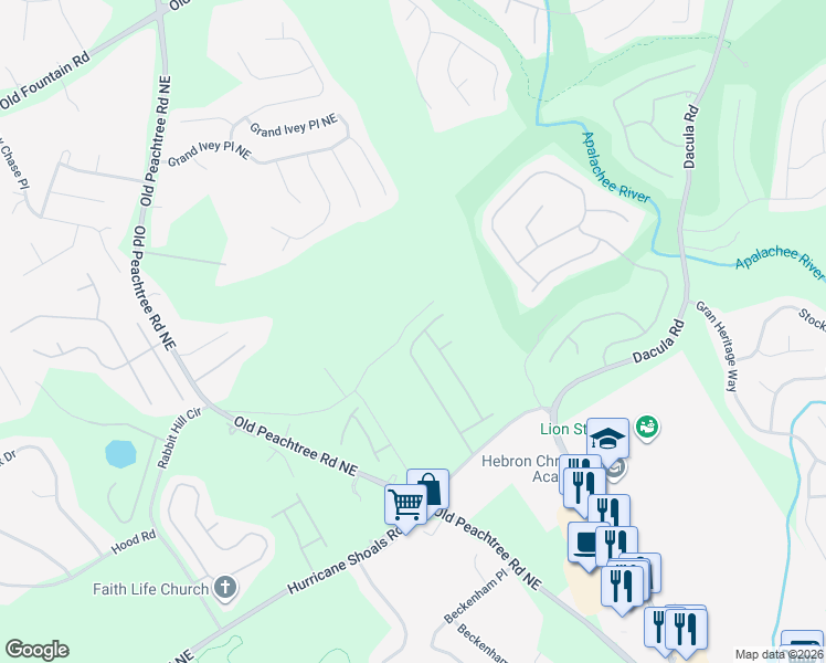 map of restaurants, bars, coffee shops, grocery stores, and more near 841 Valla Crucis Lane in Dacula
