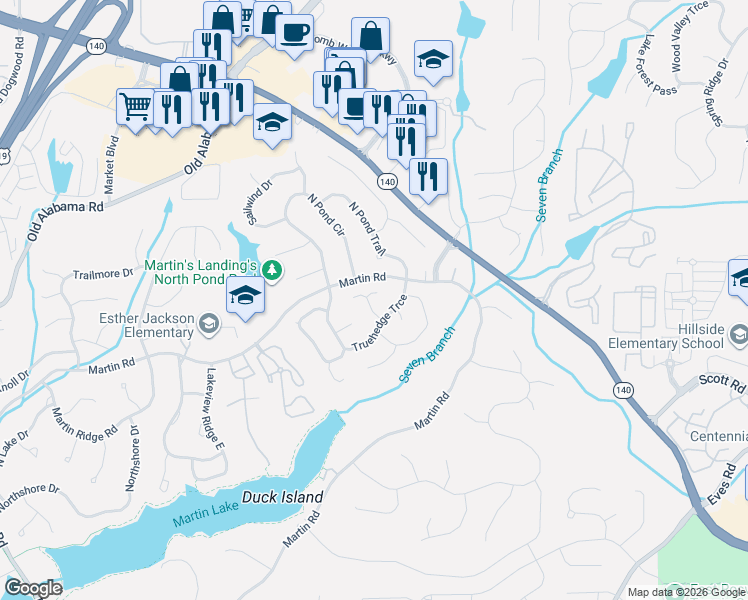 map of restaurants, bars, coffee shops, grocery stores, and more near 130 Twinspur Close in Roswell