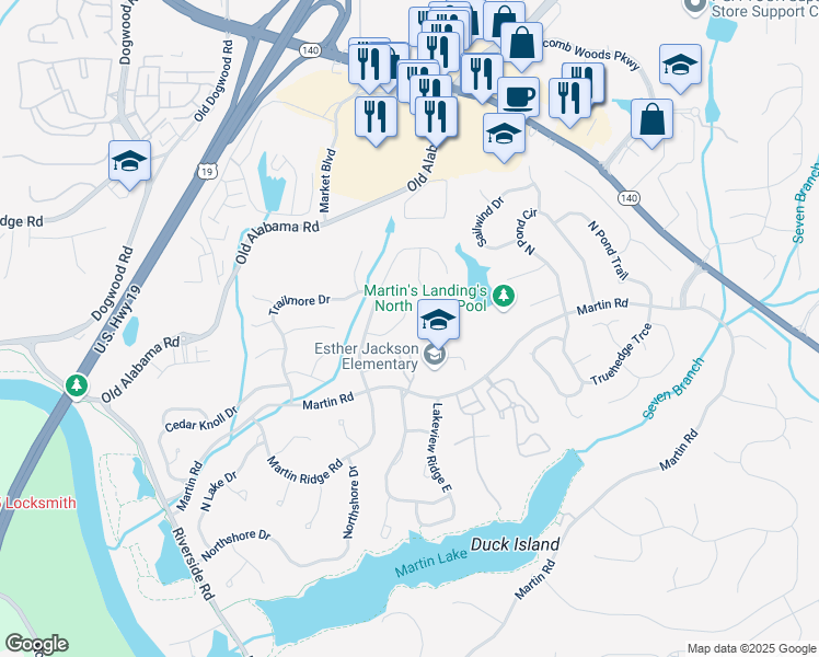 map of restaurants, bars, coffee shops, grocery stores, and more near 745 Greenvine Place in Roswell